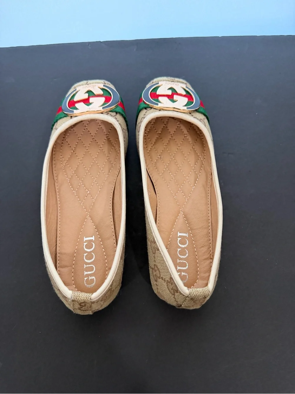 Beige Canvas Ballet Flats with Green-Red Stripe and Gold Emblem
